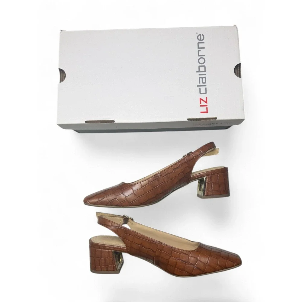 Liz Claiborne LC Forbes Cognac Croc Slingback Block Heel Pumps Womens 7M NEW